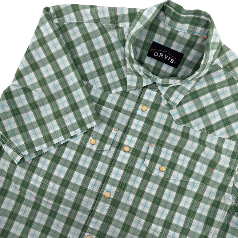 Orvis Western Shirt Mens Medium Green Plaid Snap Front Short Sleeve Stretch Fish